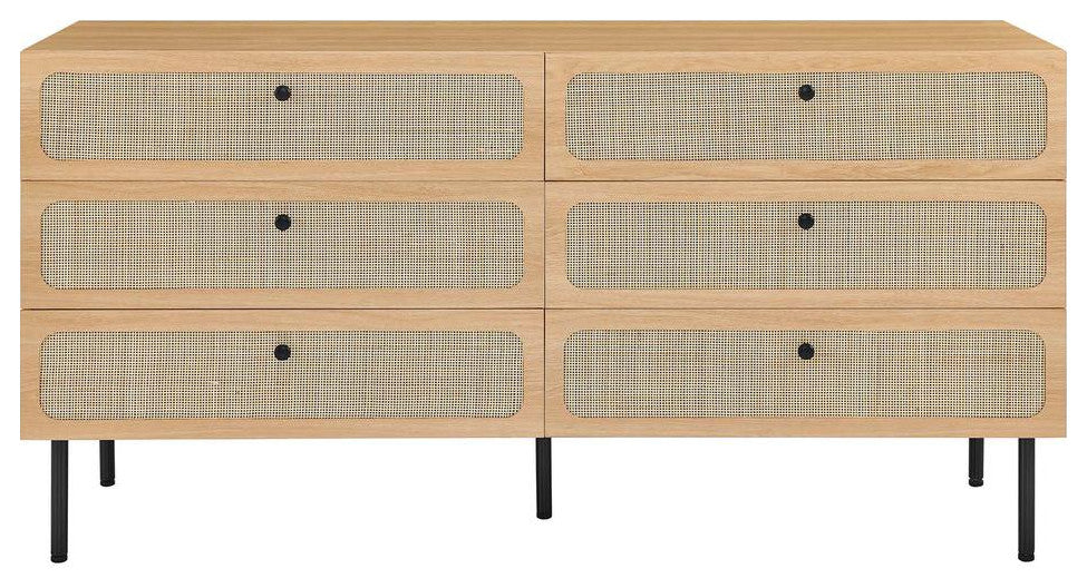 Modway Chaucer 6-Drawer Particleboard and Rattan Dresser in Oak