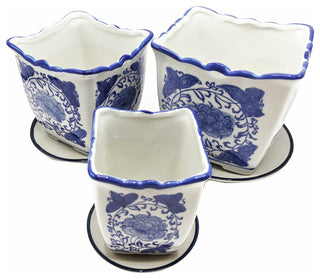 Blue and White Painted Porcelain Planters, 3-Piece Set