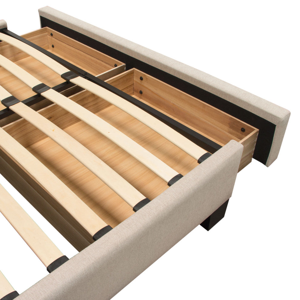 Queen Bed With Integrated Footboard Storage Unit and Accent Wings, Sand Fabric