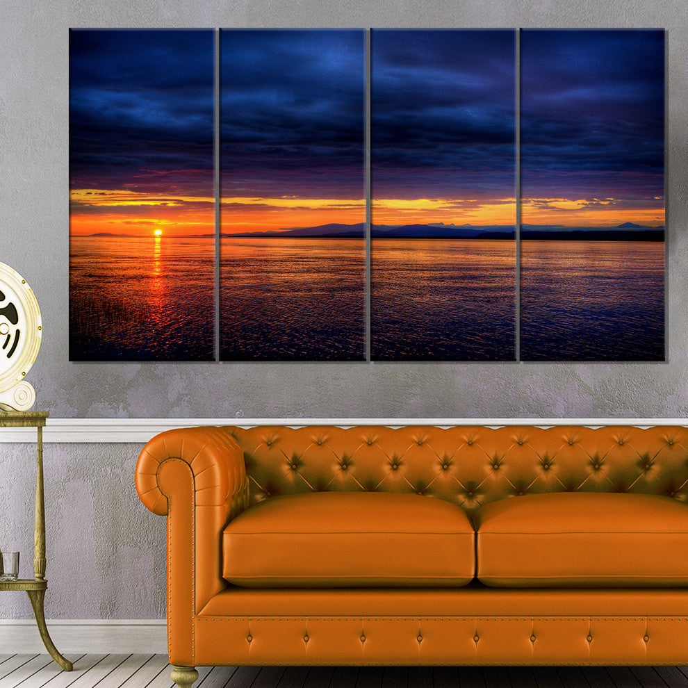 Blue Cloudy Sky and Setting Sun, Seashore Photo Canvas Print, 48"x28", 4 Panels