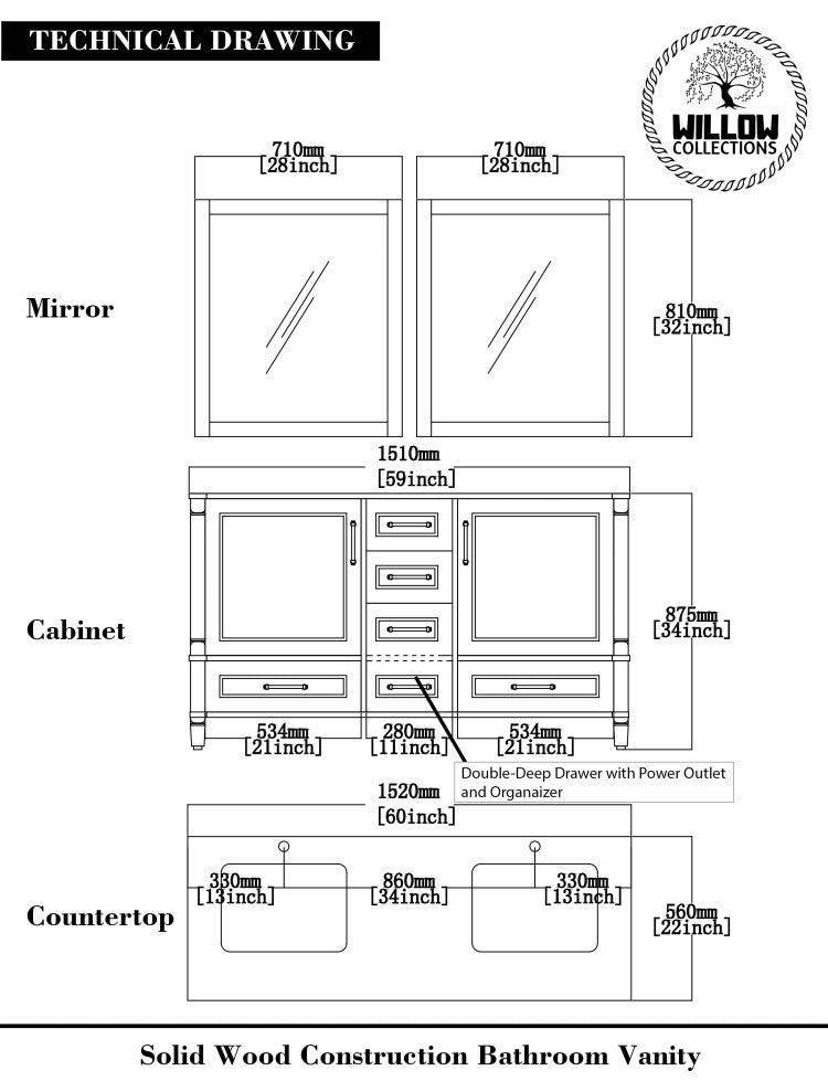 Aberdeen 60 Double Bathroom Vanity in Black 2" Carrara Quartz