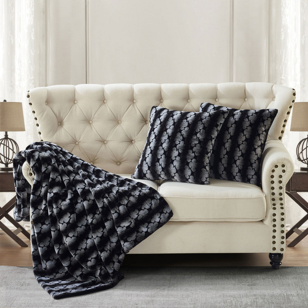 Ballys Faux Fur Throw and Pillow Shell Combo, Black, 50"x60"