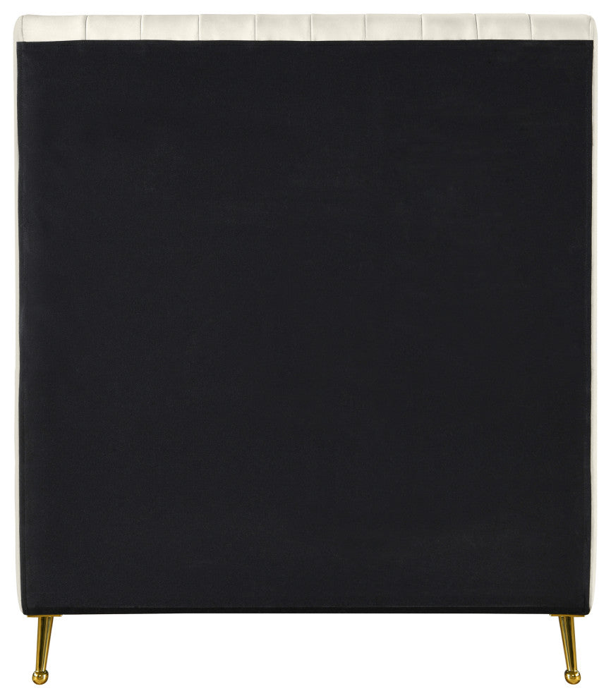 Zara Channel Tufted Velvet Upholstered Bed With Custom Gold Legs, Cream, Twin