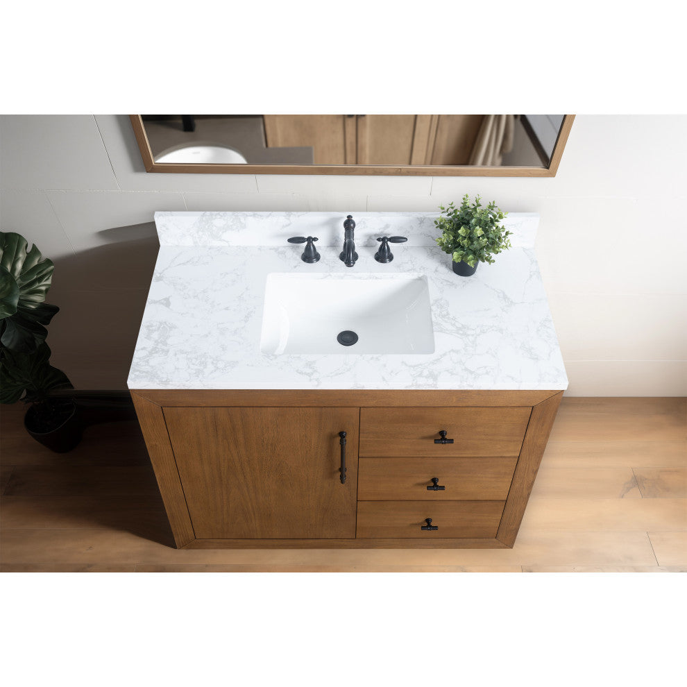 Vanity Art Bathroom Vanity With Sink, Tan, 42" Single, Arabescato White Engineered Marble Top
