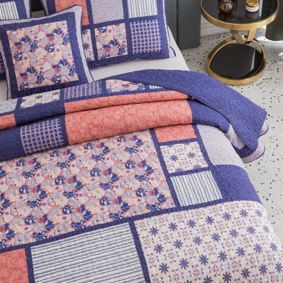 Patchwork Floral Cherry Blossom Plum Purple & Peach Quilted Bedspread Set, Twin