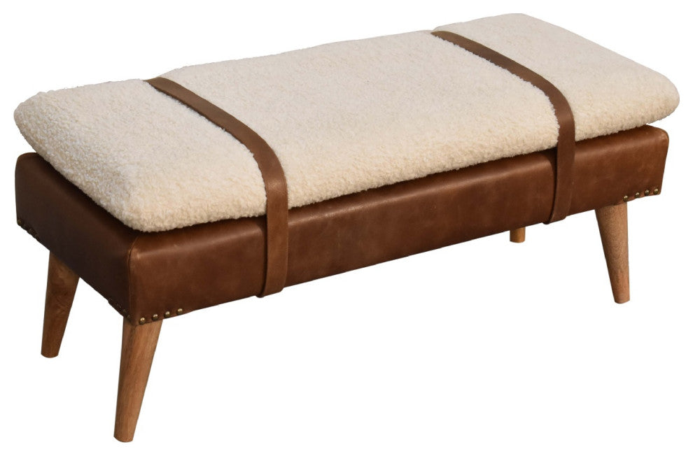 Solid Wood Boucle Buffalo Hide Leather Bench, Cream & Brown