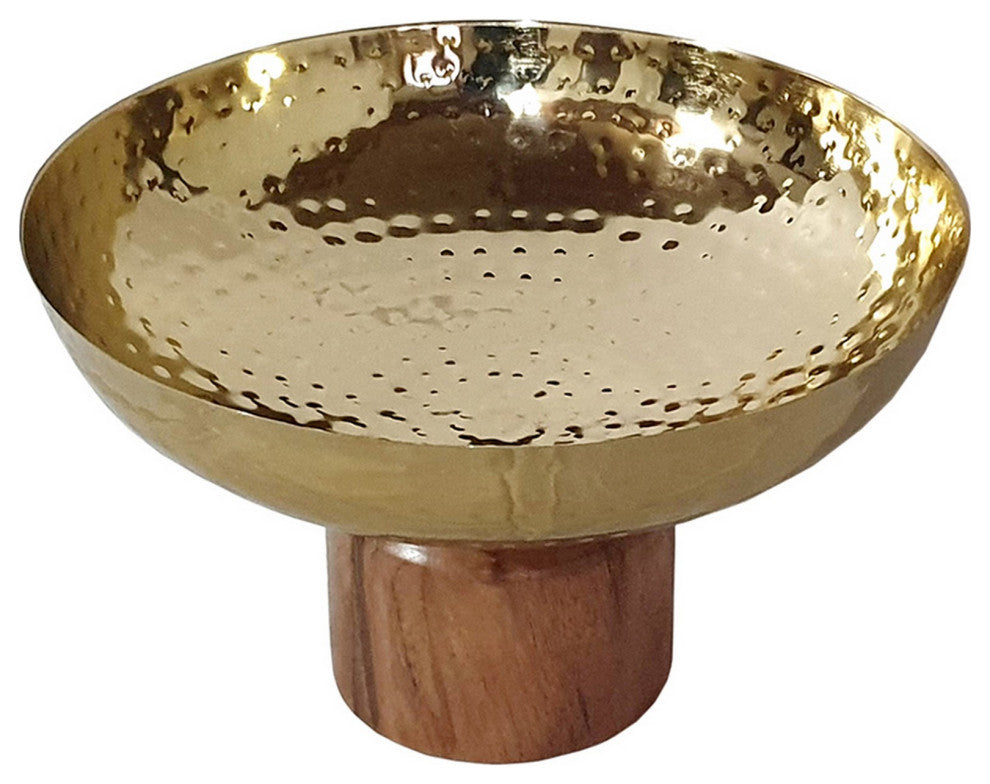 Benzara BM284951 10" Medium Acacia Wood Table Bowl Steel Decorative, Gold