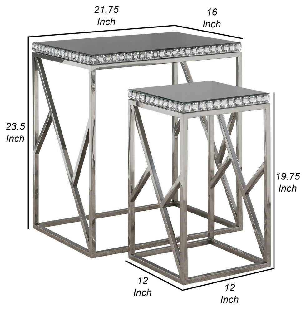 Benzara BM282031 Modern Nesting Side Tables, Glass, Metal, 2-Piece Set, Gray