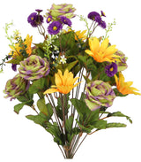24 Stems Artificial Large Daisy And Roses Bush, Sage/Purple/Gold.