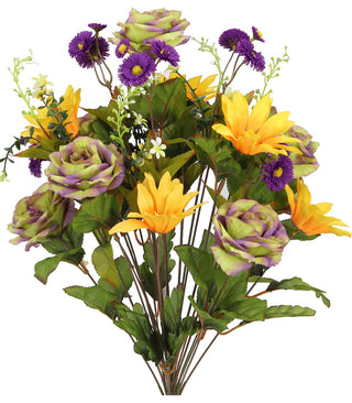 24 Stems Artificial Large Daisy And Roses Bush, Sage/Purple/Gold.