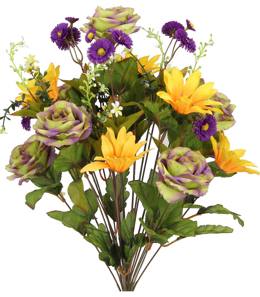24 Stems Artificial Large Daisy And Roses Bush, Sage/Purple/Gold.