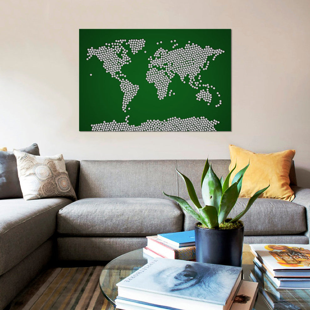 "Football Soccer Balls World Map" by Michael Tompsett, Canvas Print, 26x18"
