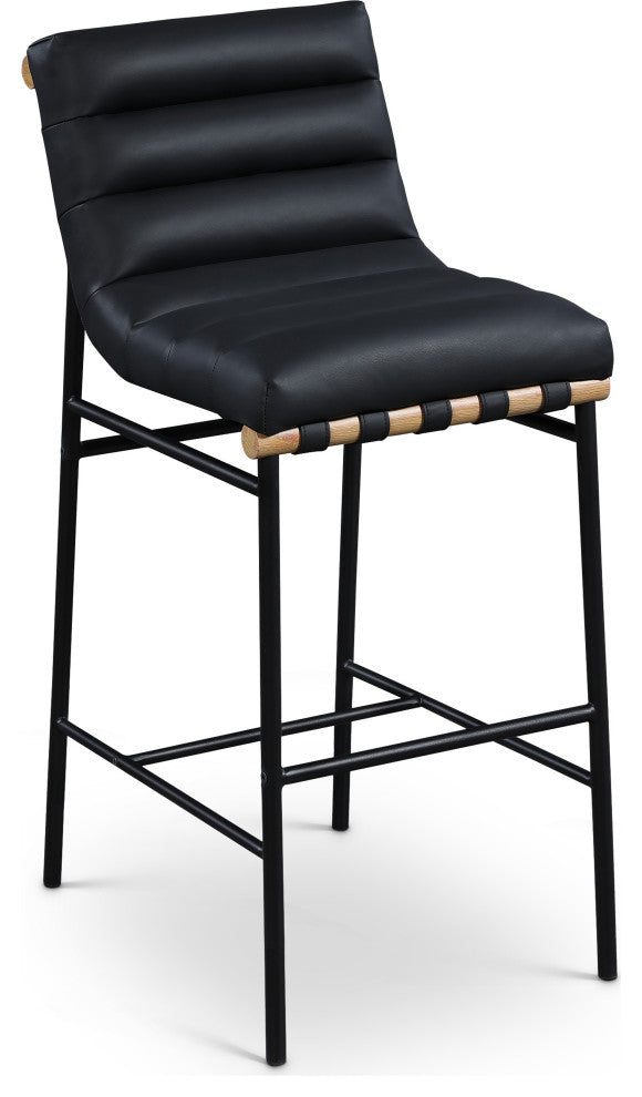 Burke Upholstered Bar Stool, Black, Vegan Leather, White Oak Veneer Metal Dowel
