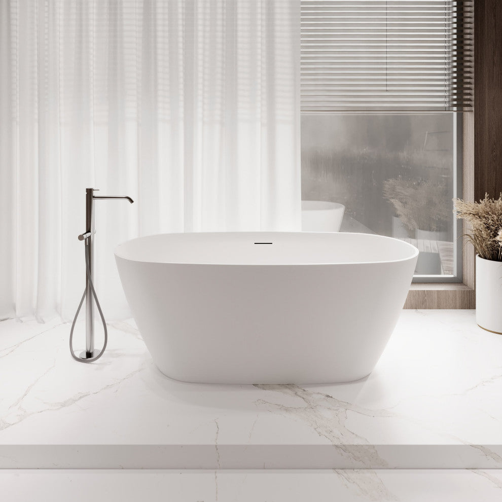 59" Streamline NS5820CH Matte White Stone Resin Bathtub, Tray With Chrome Drain