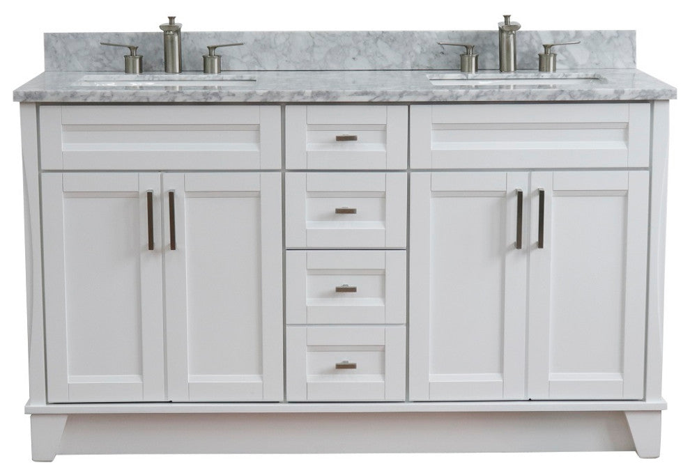 61" Double Sink Vanity, White Finish And White Carrara Marble