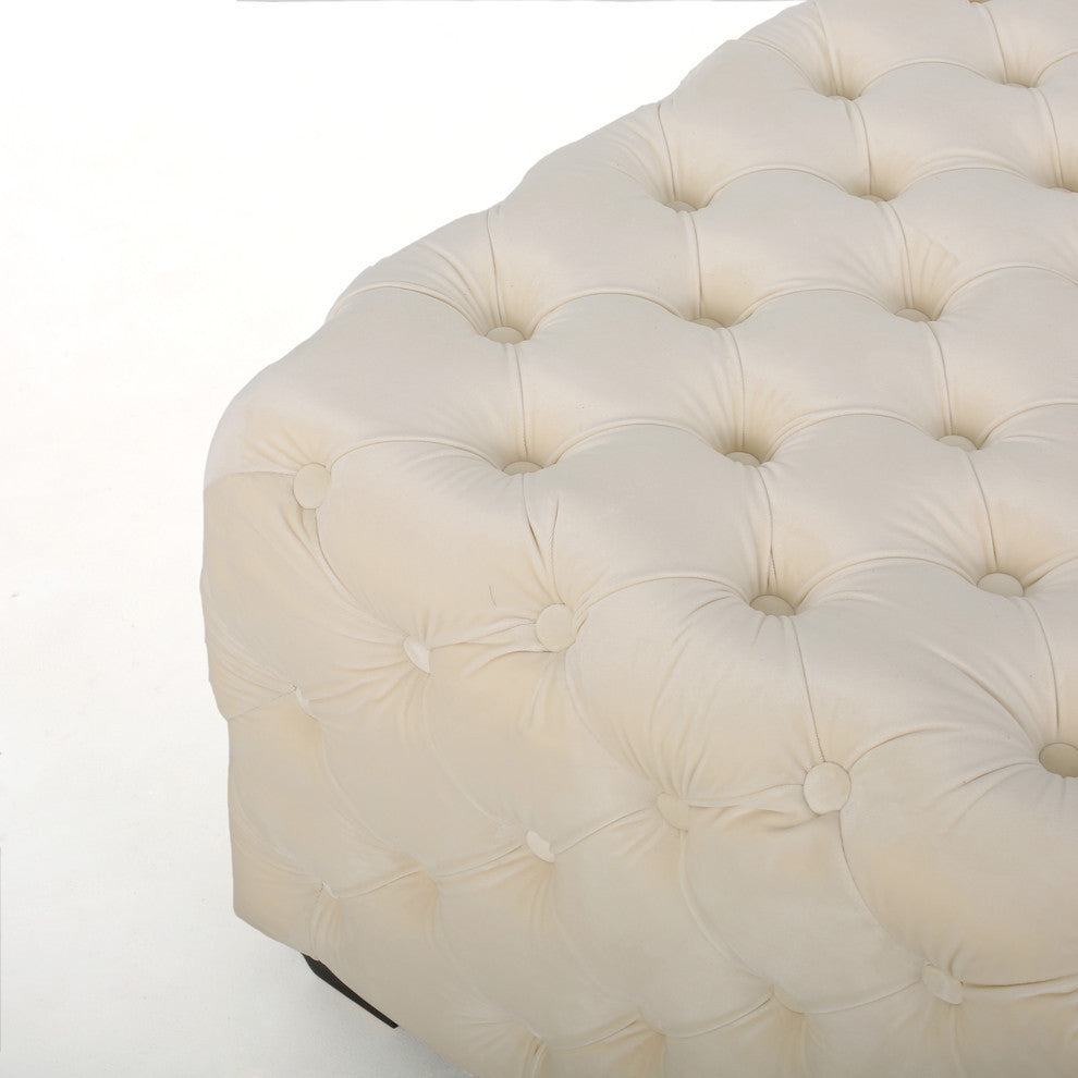 GDF Studio Provence Dark Teal Tufted Velvet Fabric Square Ottoman Bench, Ivory
