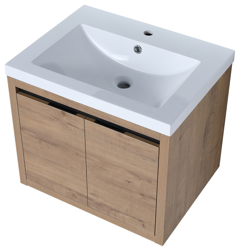 Bathroom Vanity With White Resin Top and Basin, Imitative Oak, 24x18