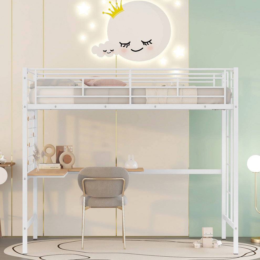 TATEUS Metal Loft Bed With Desk, Sturdy Metal Frame Guardrails Work and Play, White, Twin