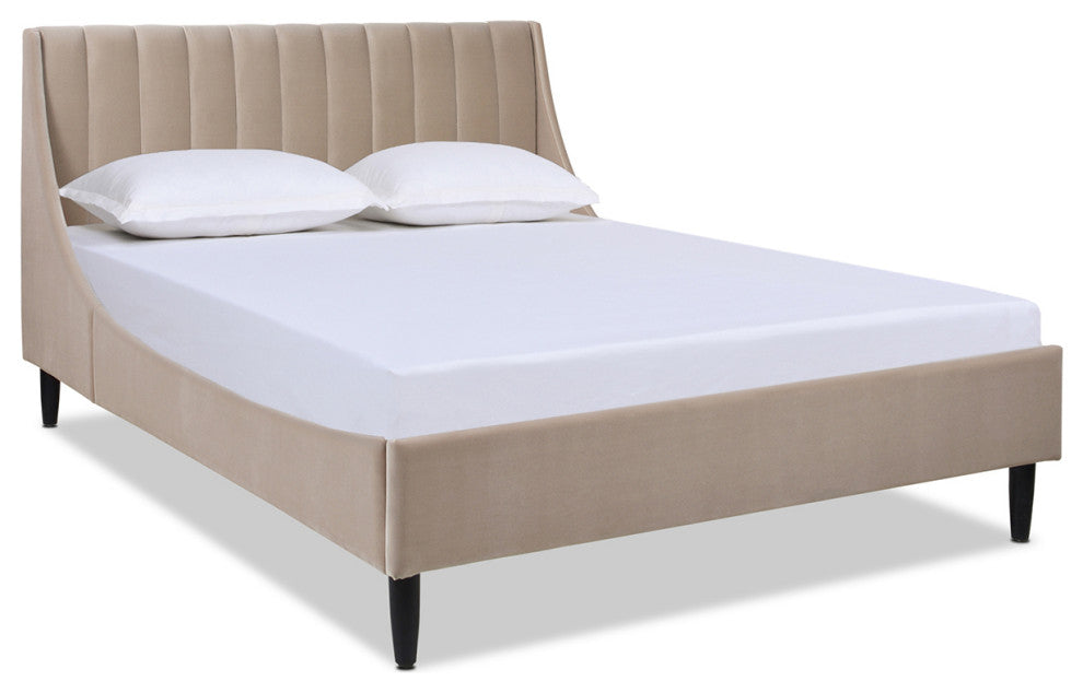 Aspen Modern Vertical Tufted Upholstered Platform Bed, Mink Beige Performance Velvet, Queen