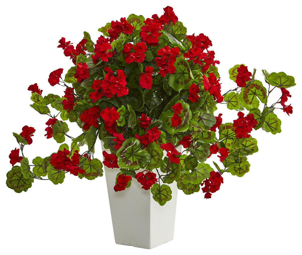 Geranium Artificial Plant, White Tower Planter
