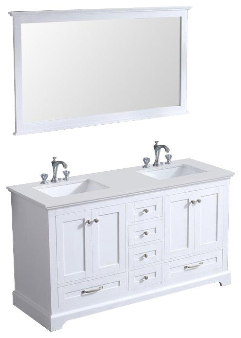 Dukes 60" White Double Square Sink Vanity with Quartz Top, With Faucet and Mirro