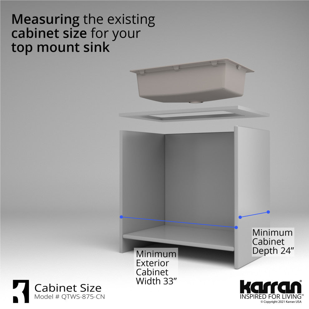 Karran Top Mount 33" Single Bowl Quartz Workstation Kitchen Sink, Concrete