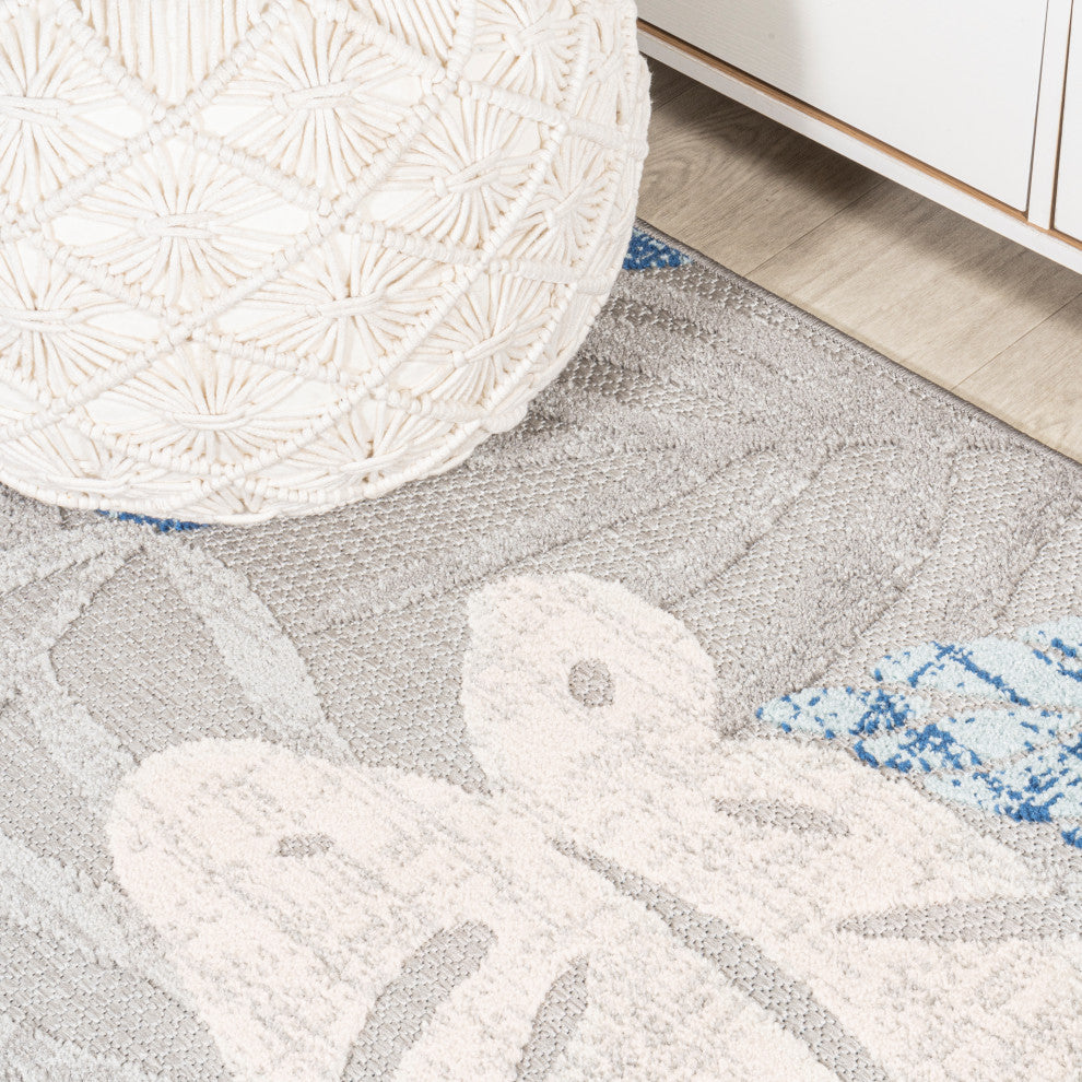 Monstera Tropical Leaf High-Low Indoor/Outdoor Area Rug, Light Gray/Navy, 2 X 8