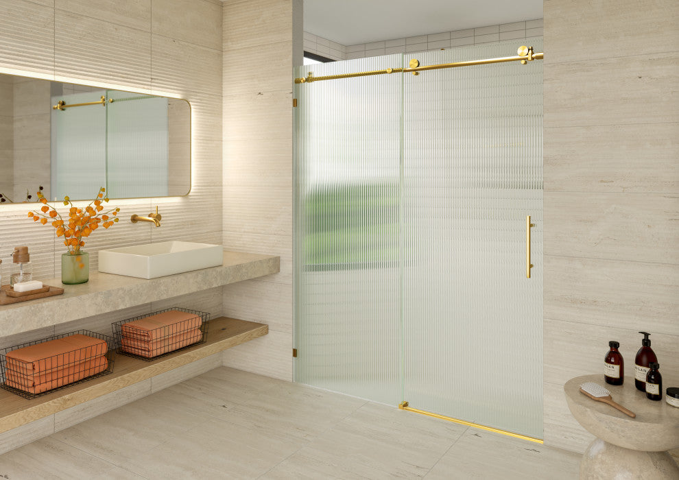 Galaxy 60"x78" Frameless Glass Sliding Shower Doors, Satin Brass, Right