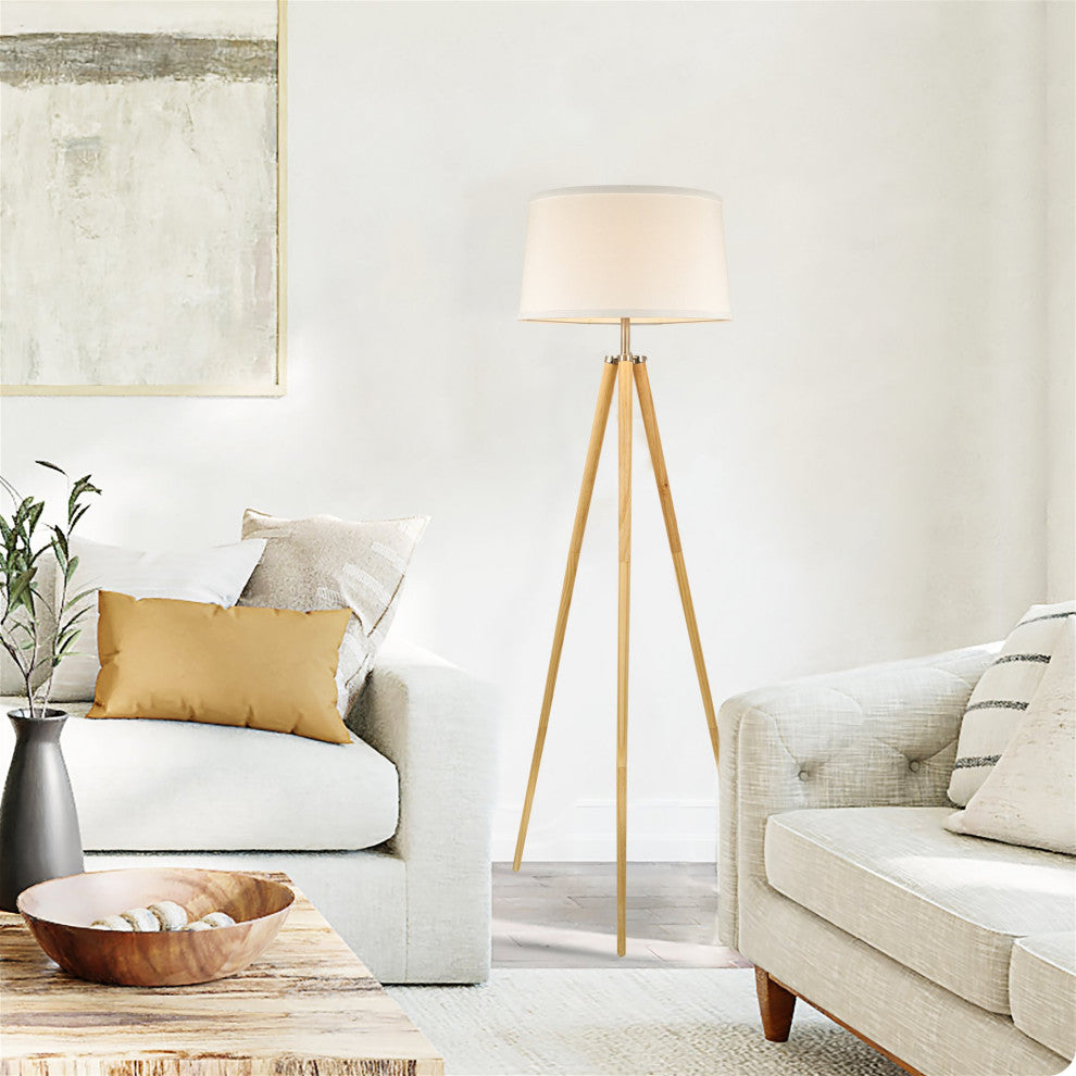 Kira Home Grace 61" Mid Century Tripod LED Floor Lamp, 9W Bulb, White Fabric