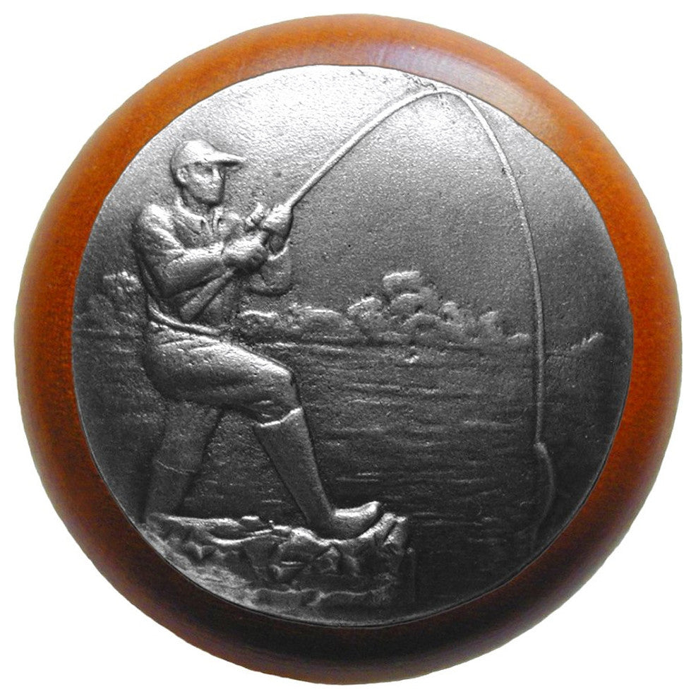 Catch of the Day Wood Knob, Antique Brass, Cherry Wood Finish, Antique Pewter