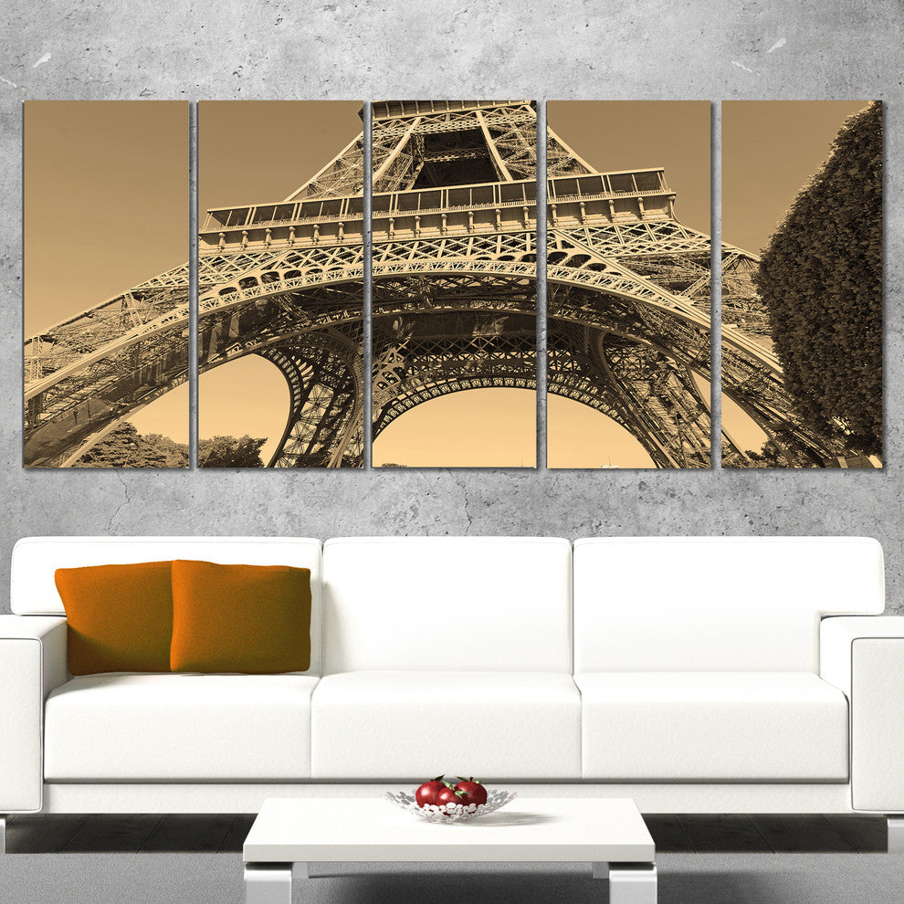 "Iconic Paris Eiffel Tower View From Ground" Cityscape Art, 60"x28", 5-Panels