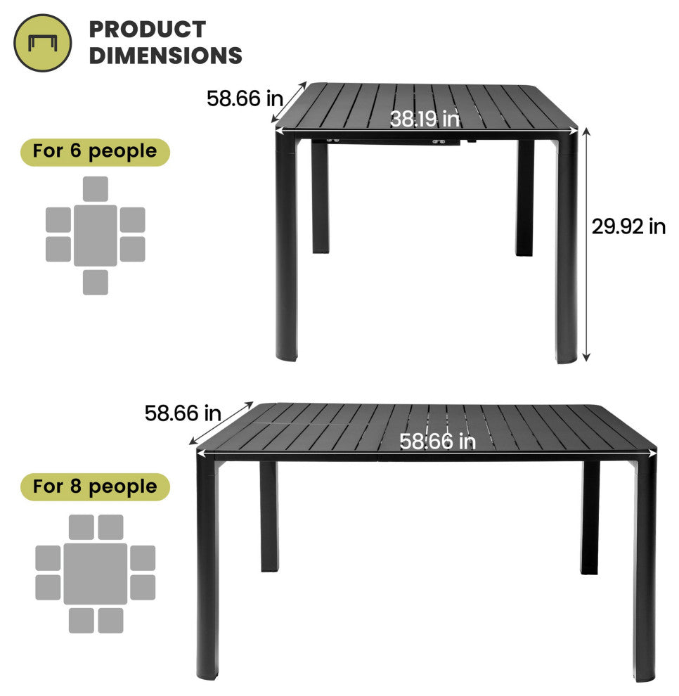 6-8 Person Expandable Aluminum Outdoor Patio Dining Table, Gray
