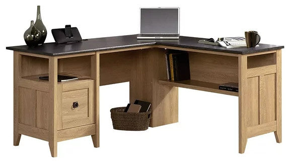 L-Shaped Desk, Large Top With File Drawer & Open Shelf, Dover Oak/Dark Slate