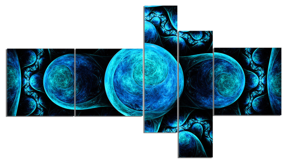 Blue Exotic Pattern on Black, Abstract Art on Canvas, 60"x32", 5 panels