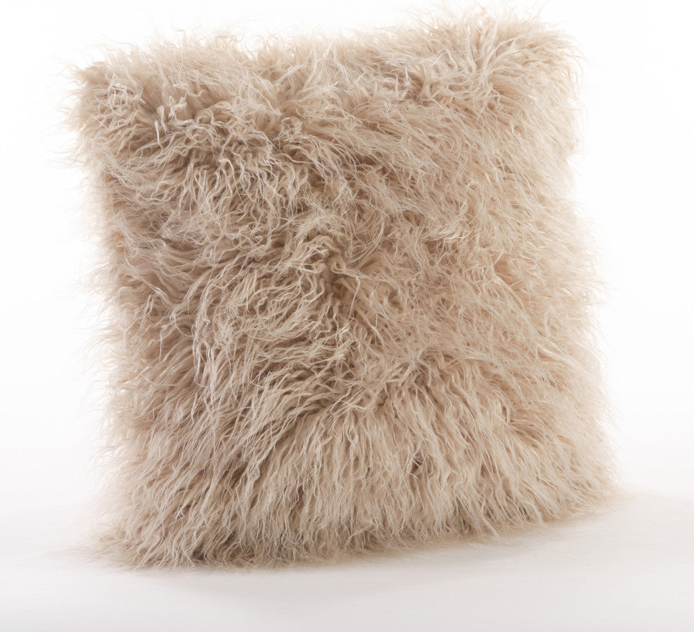 Mongolian Faux Fur Poly Filled Throw Pillow, Oatmeal, 18"x18"