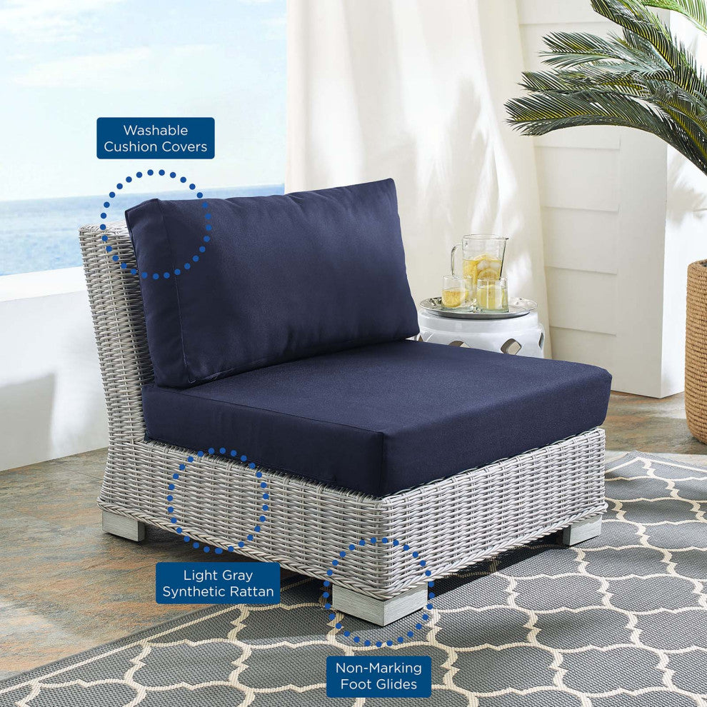 Lounge Chair, Sunbrella, Rattan, Wicker, Gray Blue Navy, Modern, Outdoor