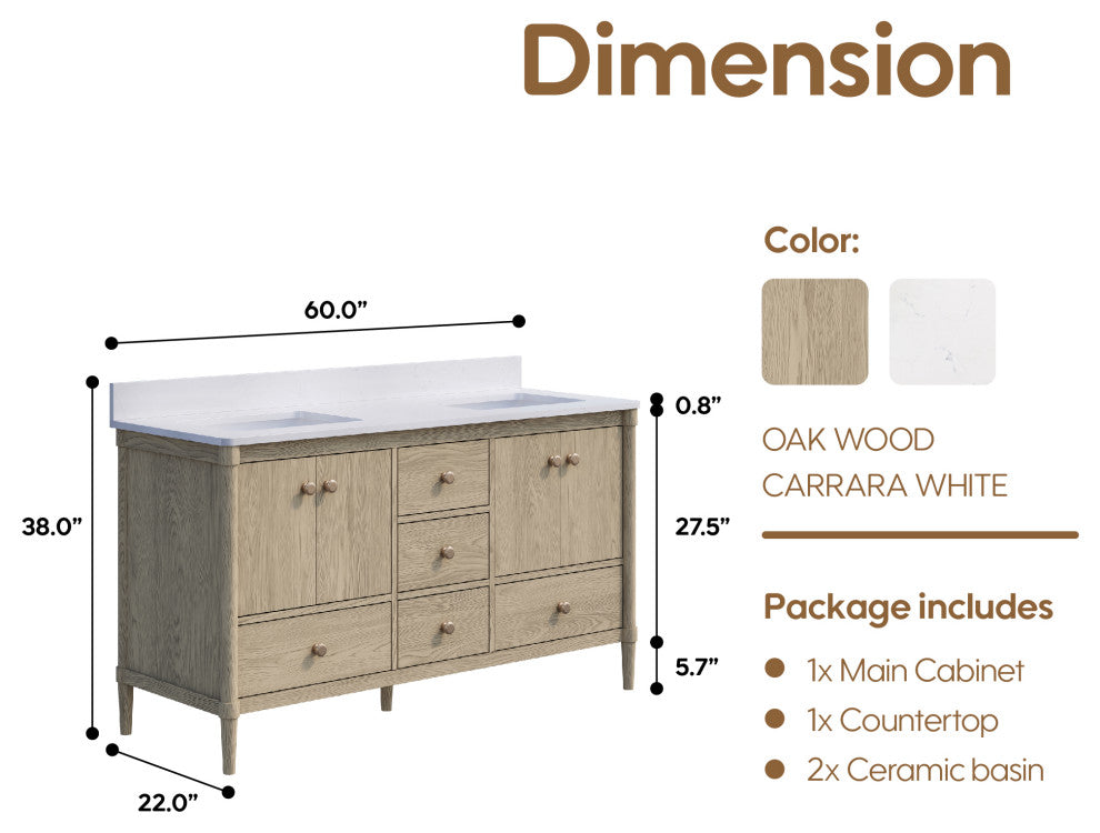 Solid Wood Bathroom Vanity with Carrara White Quartz Top in Oak, 60 Inch