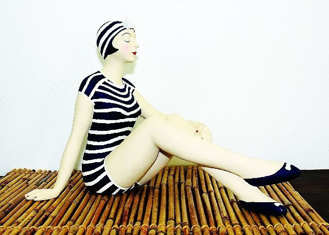 Retro Bathing Beauty Figurine Statue, 1920s Swim Suit Woman Navy White Stripe