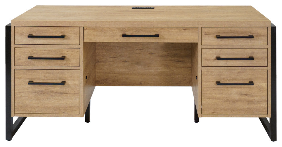 Modern Wood Laminate Double Pedestal Executive Desk, Writing Table, Light Brown