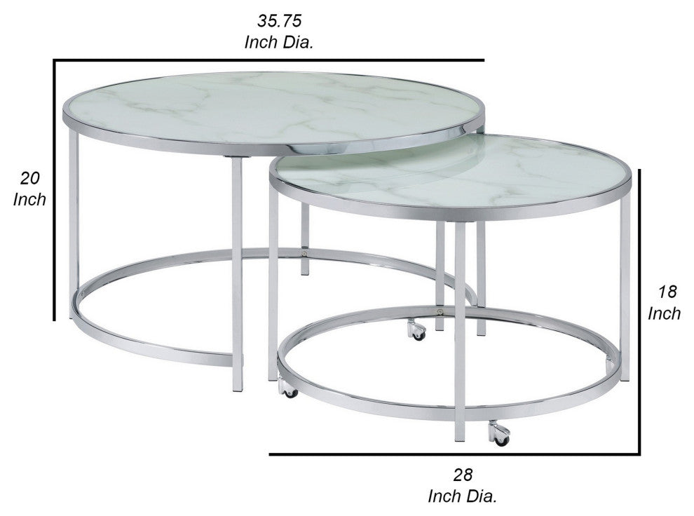 Benzara Marbled Glass Nesting Accent Tables, Round Top, Metal, 2-Piece Set