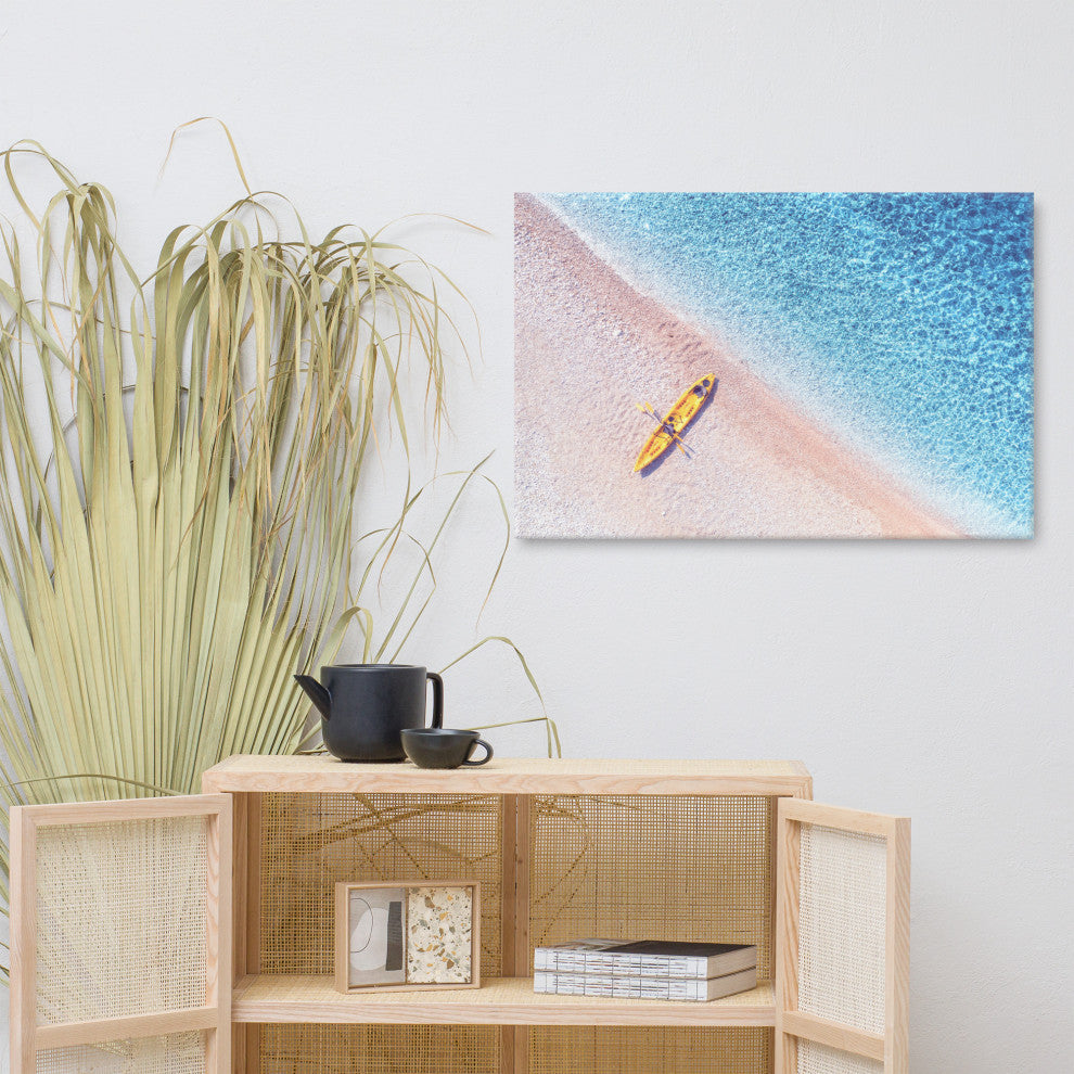 Yellow Canoe and Blue Sea by with Violet Glow Landscape Photo Canvas Art Print, 24" X 36"