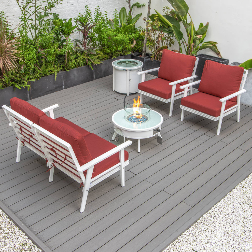 LeisureMod Walbrooke Patio Conversation Set With Fire Pit Table, Red