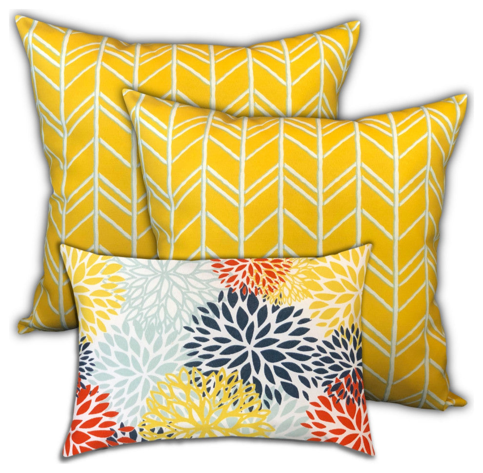 3-Piece Set Yellow Chevron Indoor Outdoor Zippered Pillow Covers