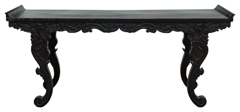 Chinese Brown Huali Rosewood Point Edge Relief Carving Altar Table Hcs4897