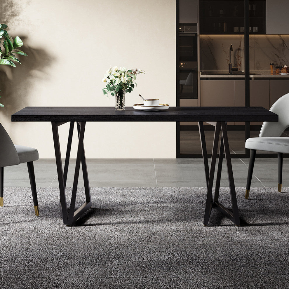 63" Rectangular Dining Table Black Solid Wood Table Top Square Metal Base, Black