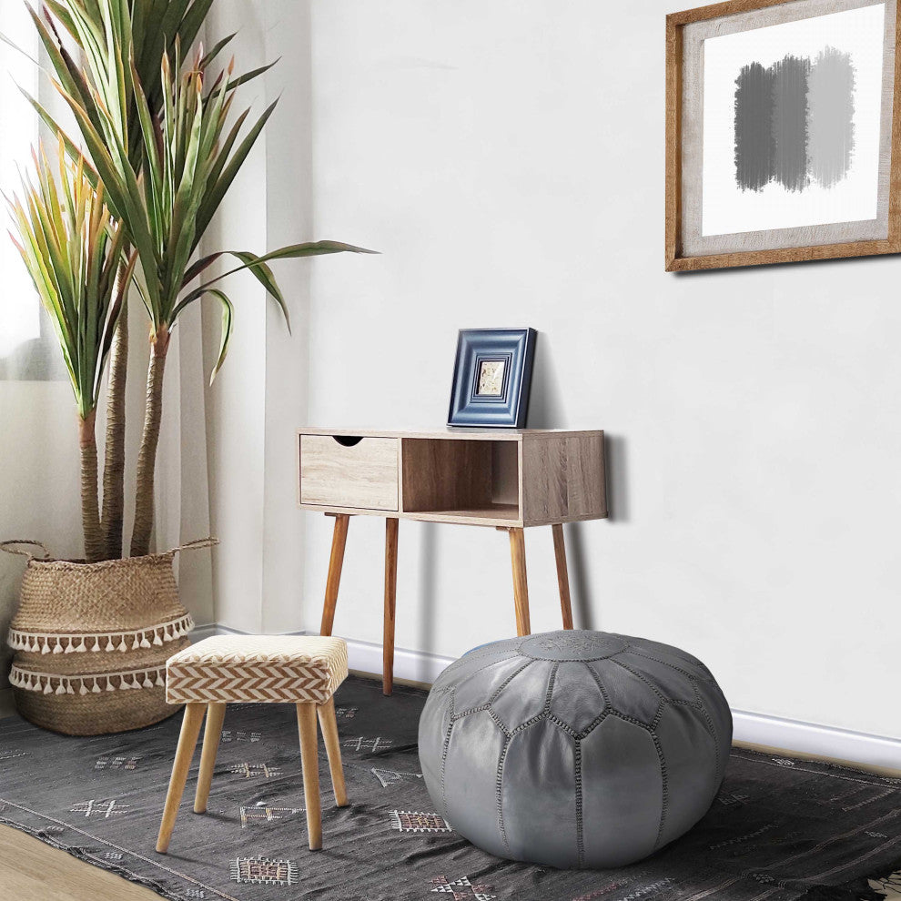 Handmade Moroccan Ottoman, Genuine Leather Pouf, Gray