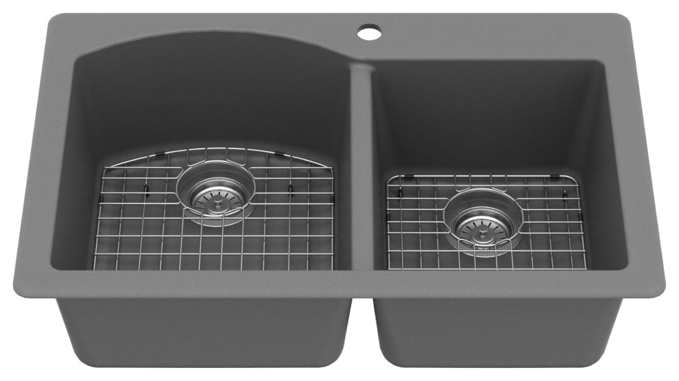 Karran Drop-In Quartz 33" 1-Hole 60/40 Double Bowl Sink Kit, Grey