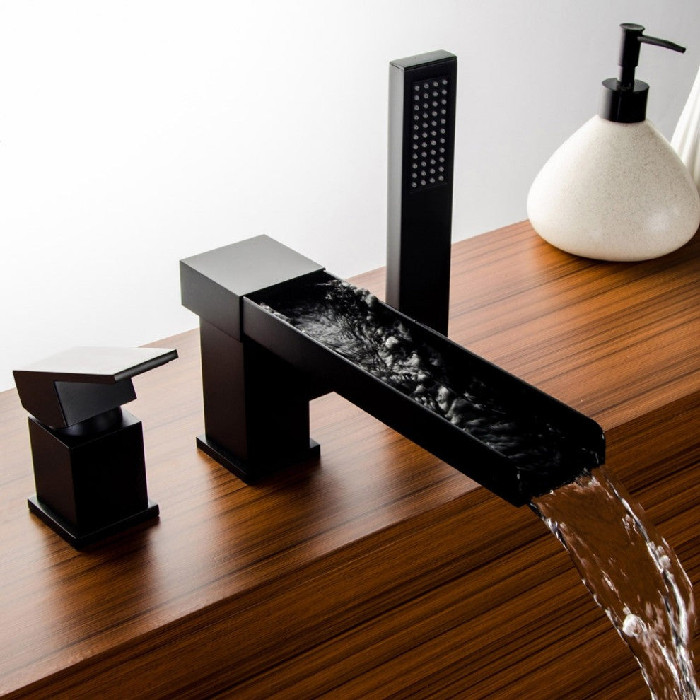 Mill Deck-Mount Waterfall Roman Bathtub Filler Faucet with Handshower, Matte Black