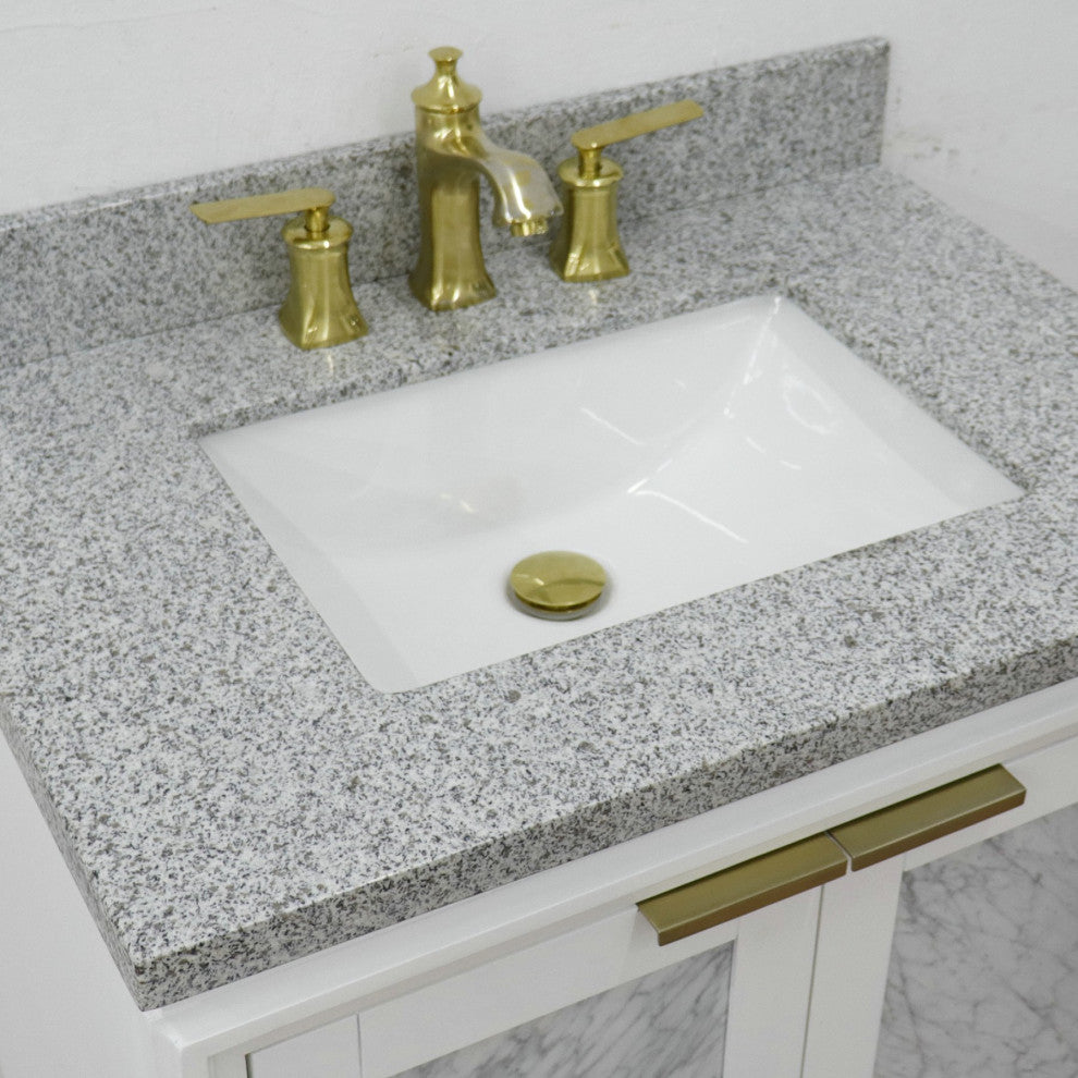 31" Single Sink Vanity, White Finish With Gray Granite With Rectangle Sink
