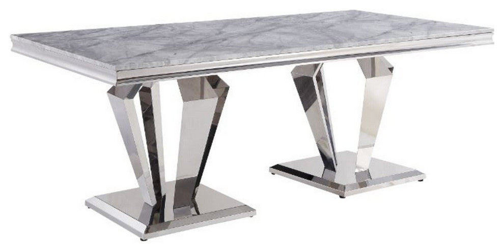Benzara BM261724 Dining Table With Geometric Dual Pedestal Base, Silver